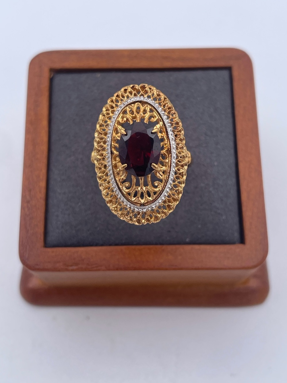 Mid-century Vintage 18K Yellow Gold Red Tourmaline Filigree Cocktail Ring Size8
